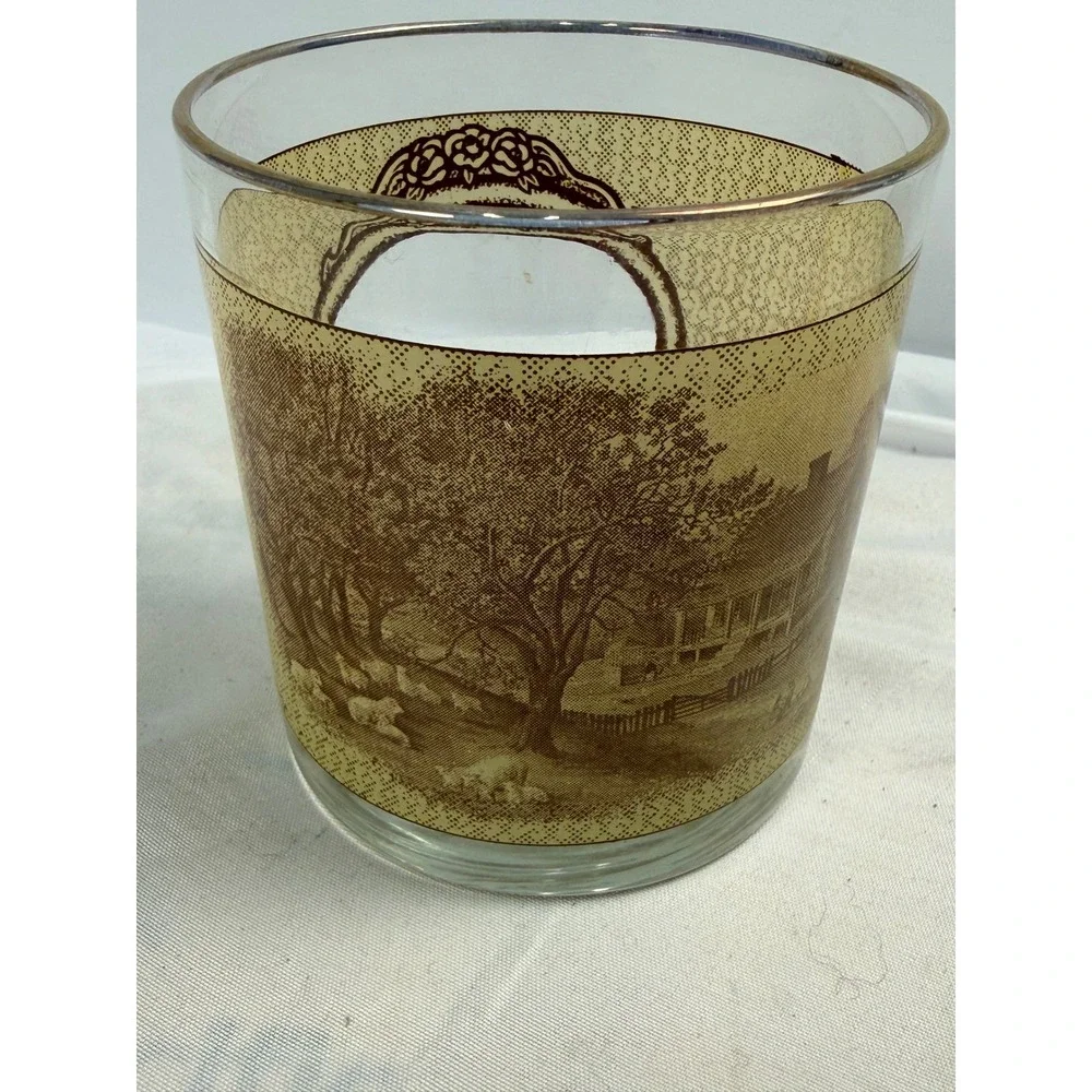 Vintage Currier and Ives Spring Rocks Glass Sepia Farm Scene Gold Rim Tumbler